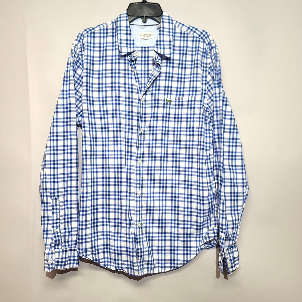 Lacoste Blue and White Plaid Casual Button Down Shirt